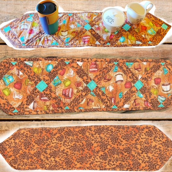 🗺️ Table Runner Homemade Quilted Coffee Cafe Caffeine Themed EUC 32 ½" x  8 ½" - Picture 6 of 12